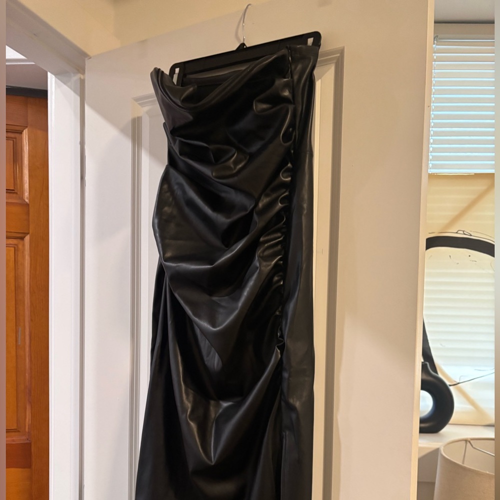 Black Leather Midi Strapless Dress